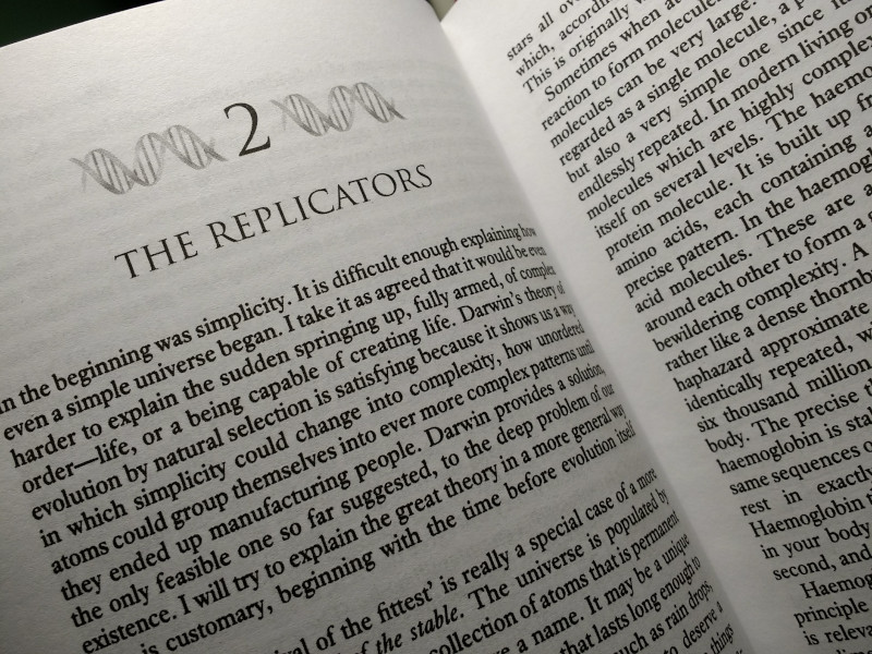 A photo of the first page of chapter 2 of The Selfish Gene by Richard Dawkins, entitled The Replicators.